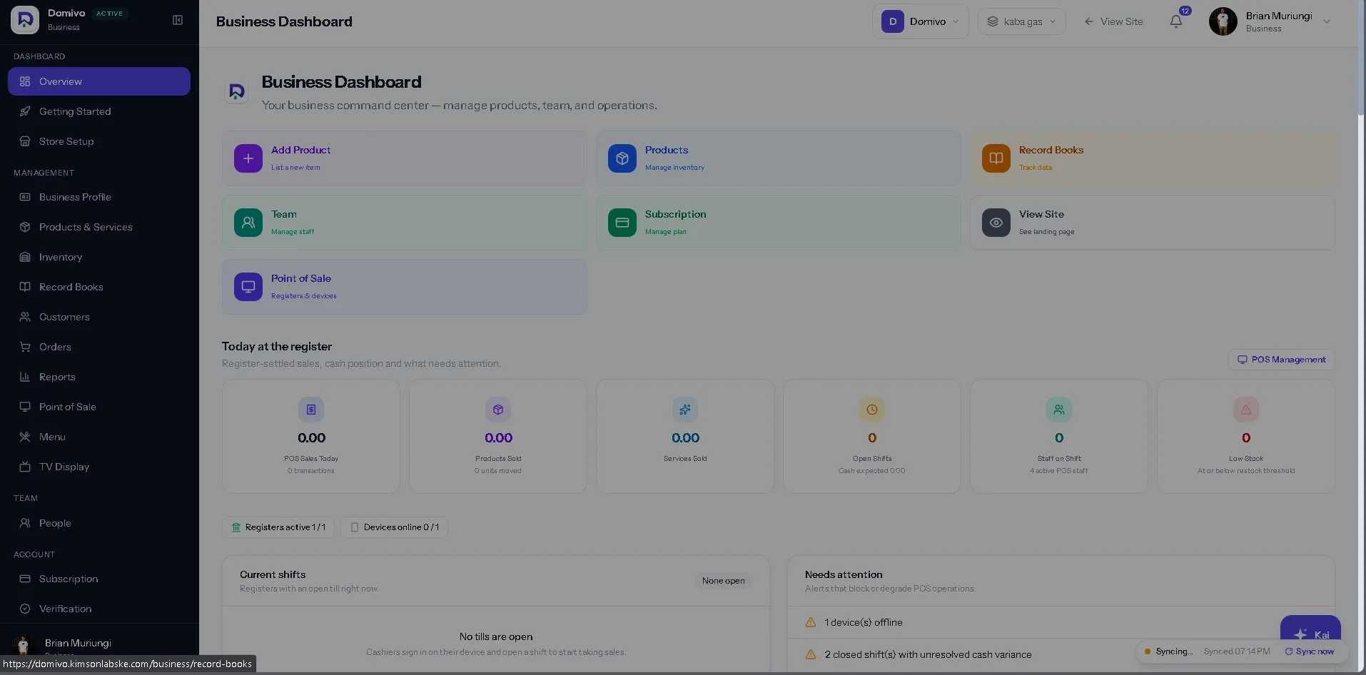The Domivo business dashboard showing sales, orders, inventory and payouts for a store.