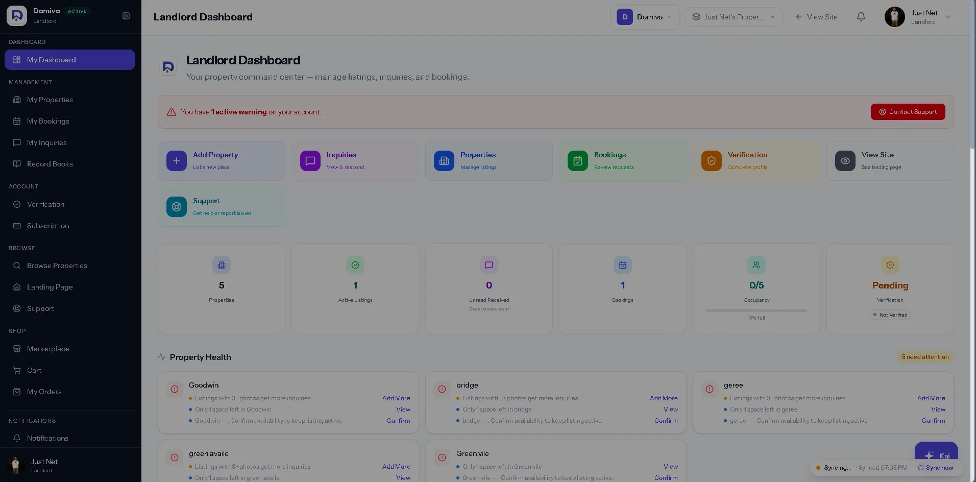 The Domivo landlord dashboard showing properties, occupancy and recent bookings.
