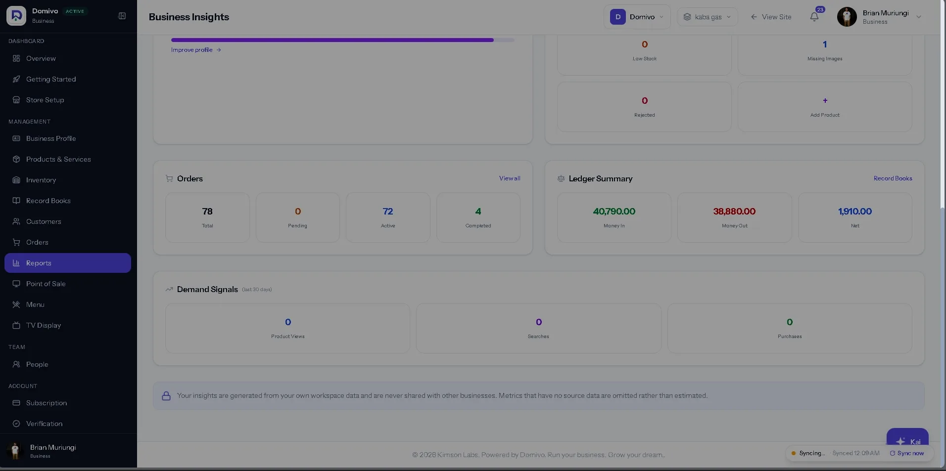 A Domivo reporting screen with sales totals and a revenue chart.